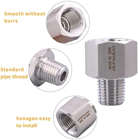 Forged Reducer Adapter Fitting - Stainless Steel 304 Reducing Pipe Connector, 3/8" NPT Female x 1/4" NPT Male (pack of 2)