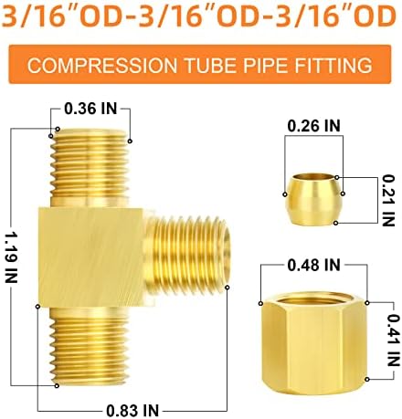 GASHER 5PCS Brass Compression Tube Pipe Fitting Connector, Tee，3/16" x 3/16" x 3/16" Tube OD Connector