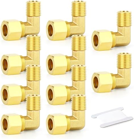 GASHER 10PCS Brass 90 Degree Elbow Compression Tube Pipe Fitting Connector, 3/8" Tube OD x 1/4" NPT Male Connector