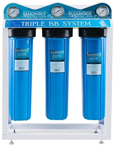Bluonics Complete Whole House Well Water Filtration System – 24 GPM 110W UV Purifier with Triple 4.5" x 20" Housings, 40 Micron Pre-Filter, Sediment & Carbon Filters + Extra Filter Set