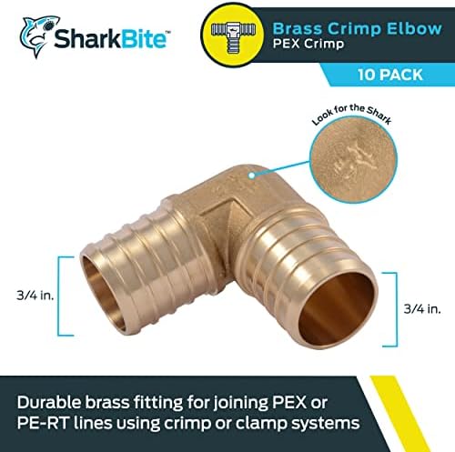 SharkBite 1 Inch Crimp 90 Degree Elbow, Pack of 10, Brass Plumbing Fitting, PEX Pipe, PE-RT, UC260LFA10