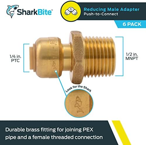 SharkBite 1/4 Inch x 1/2 Inch MNPT Reducing Adapter, Pack of 6, Push To Connect Brass Plumbing Fitting, PEX Pipe, Copper, CPVC, PE-RT, HDPE, U110LF