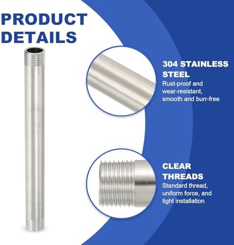 PATIKIL 304 Stainless Steel Pipe Fitting, 2 Pack 1/2" BSP Male x 1/2" BSP Male Threaded 8" Length Nipple Cast Pipe for Extending Piping, Silver