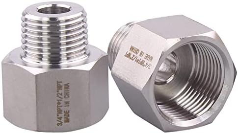 Forged Reducer Adapter Fitting - Stainless Steel 304 Reducing Pipe Connector, 3/4" NPT Female x 1/2" NPT Male (pack of 2)