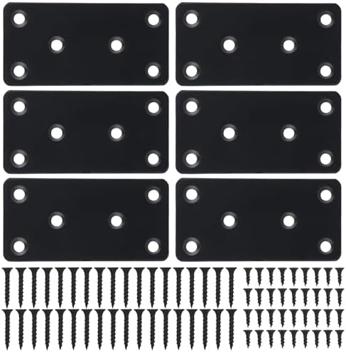 Mending Plate, Metal Steel Flat Straight Brace Bracket, Black Double-Wide Joining Plate for Wood Furniture Fastening & Fixing with 2 Sets of Screws of Different Lengths (40x80mm, 6 Pack)