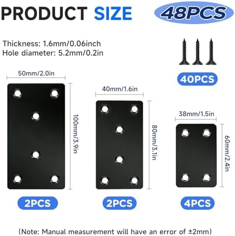 8Sets 3Sizes 2.4x1.5'' 3.1x1.5'' 4x2'' Black Metal Flat Brace Bracket Straight Mending Plates for Wood with Screws YY032-B