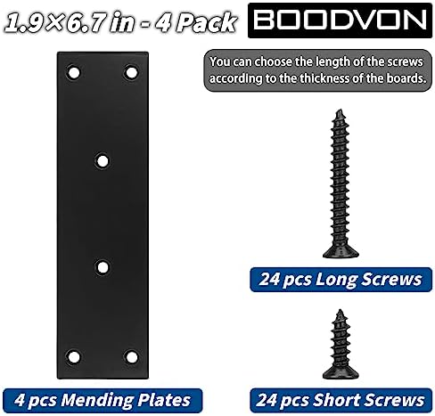 Black Stainless Steel Flat Straight Mending Plate, Double-Wide Joining Plate for Wood Furniture Fastening & Fixing with 2 Sets of Screws of Different Lengths (48x169mm, 4 Pack)
