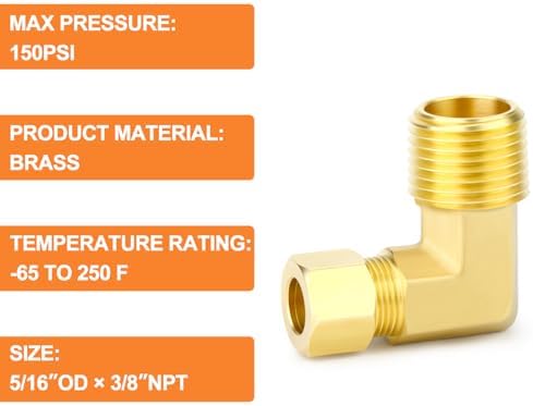 GASHER 5PCS Brass 90 Degree Elbow Compression Tube Pipe Fitting Connector, 5/16" Tube OD x 3/8" NPT Male Connector