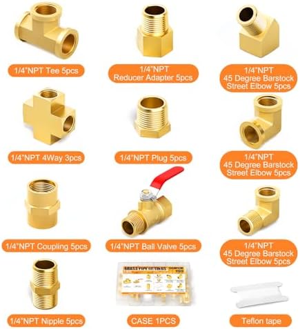 GASHER 48PCS 1/4"NPT Brass Pipe Fittings Kit，Coupling，90 Degree Elbow，45 Degree Elbow，Nipple，Ball Valve，Plug，Tee，4 Way，Reducer Adapter