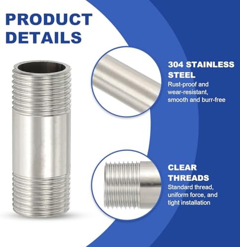 PATIKIL 304 Stainless Steel Pipe Fitting, 2 Pack 1/2" BSP Male x 1/2" BSP Male Threaded 2" Length Nipple Cast Pipe for Extending Piping, Silver