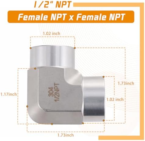 Stainless Steel Pipe Fitting 90 Degree Barstock Street Elbow 1/2" NPT Female x 1/2" NPT Female 2 Pack
