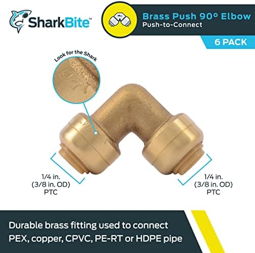 SharkBite 1/4 Inch (3/8 Inch OD) 90 Degree Elbow, Pack of 6, Push to Connect Brass Plumbing Fitting, PEX Pipe, Copper, CPVC, PE-RT, HDPE, U244LF