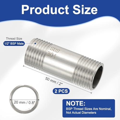 PATIKIL 304 Stainless Steel Pipe Fitting, 2 Pack 1/2" BSP Male x 1/2" BSP Male Threaded 2" Length Nipple Cast Pipe for Extending Piping, Silver