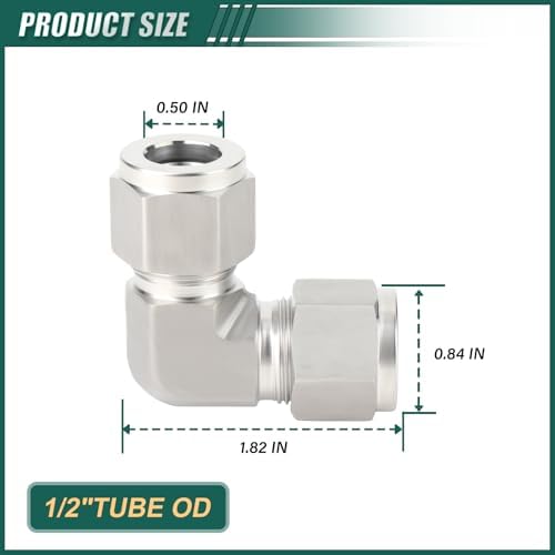 1PCS 316 Stainless Steel 90 Degree Compression Tube Pipe Fitting Connector, 1/2" x 1/2" Tube OD Adapter cast sleeve joint for Air/Fuel/Water/Gas/Oi
