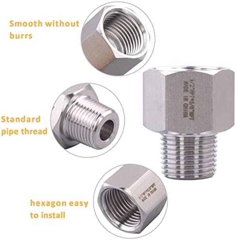 Forged Reducer Adapter Fitting - Stainless Steel 304 Reducing Pipe Connector, 1/2" NPT Female x 3/8" NPT Male (pack of 5)