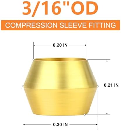 GASHER 100PCS Brass Compression Fitting, Brass Compression Sleeve Ferrules 3/16" Tube OD
