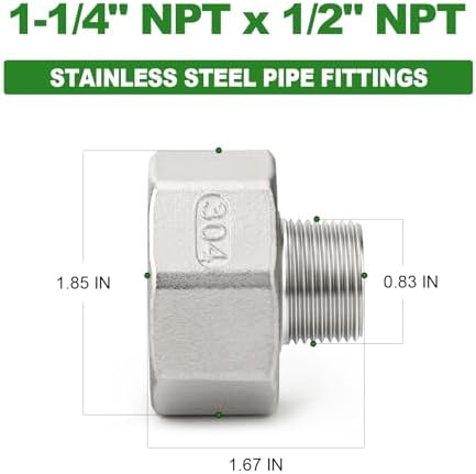 TAISHER 2PCS 304 Stainless Steel Pipe Fitting, Reducer Adapter, 1/2" NPT Male x 1-1/4" NPT Female