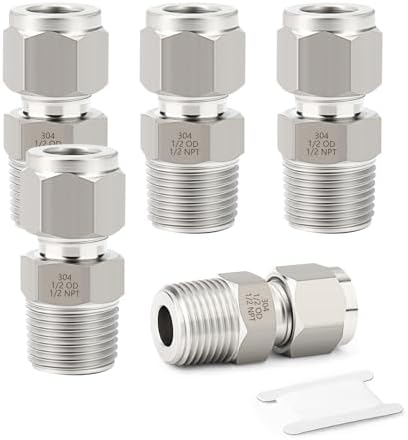 5PCS 304 Forging of Stainless Steel Compression Tube Pipe Fitting Connector, 1/2" Tube OD x 1/2" NPT Male Straight Adapter for fuel/air/liquid/oil/gas/vacuum pipelines