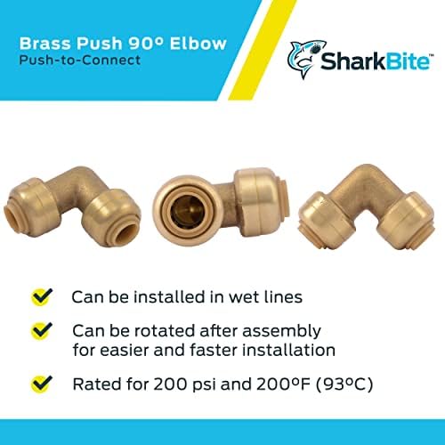 SharkBite 1/4 Inch (3/8 Inch OD) 90 Degree Elbow, Pack of 6, Push to Connect Brass Plumbing Fitting, PEX Pipe, Copper, CPVC, PE-RT, HDPE, U244LF