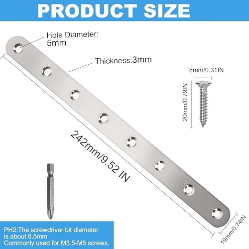 8 Pack Straight Brace,Flat Brace 9.7” x 0.75”,Stainless Steel Flat Metal Braces,Repair Bracket with Screws