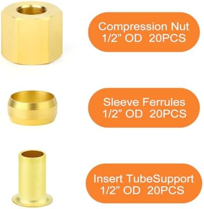 GASHER 60PCS Brass Compression Fitting Kit,Sleeve Ferrules&Insert Tube Support&Ferrule head,1/2" Tube OD