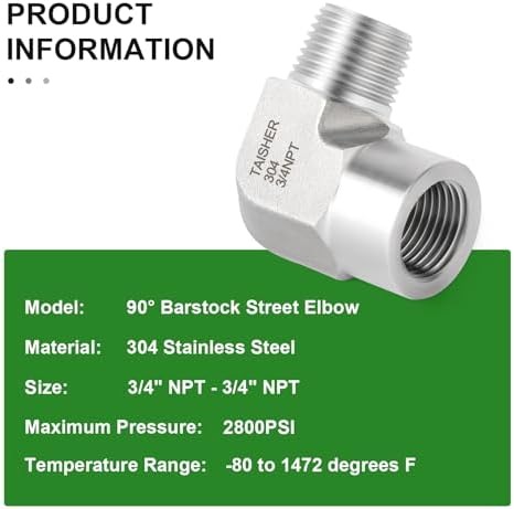 TAISHER 1PCS 304 Stainless Steel 90 Degree Barstock Street Elbow, 3/4" NPT Male to 3/4" NPT Female 304 Stainless Pipe Fitting