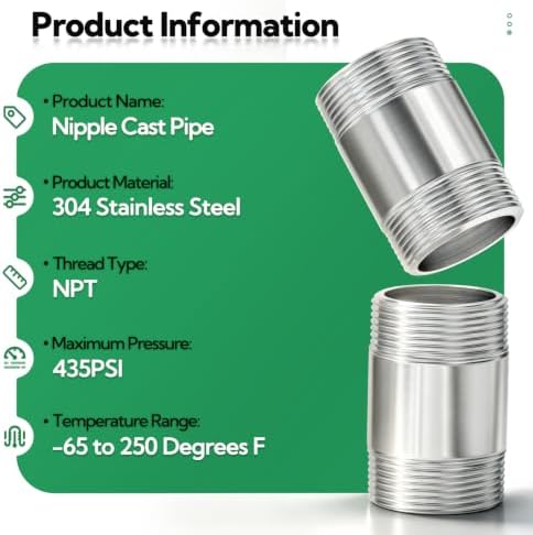 TAISHER 4Pcs 304 SS Nipple Cast Pipe Fitting, 1" NPT Male, 2" Length