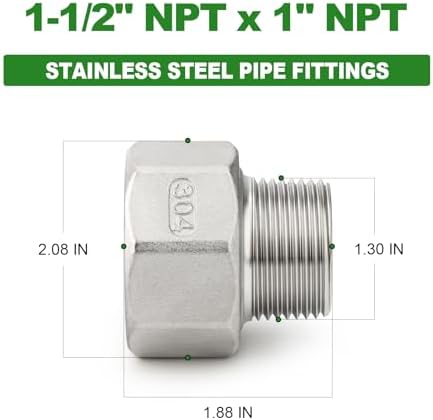 TAISHER 2PCS 304 Stainless Steel Pipe Fitting, Reducer Adapter, 1" NPT Male x 1-1/2" NPT Female