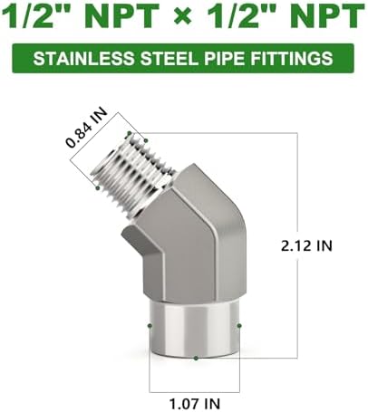 TAISHER 2PCS 304 Stainless Steel 45 Degree Barstock Street Elbow, 1/2" NPT Male x 1/2" NPT Female 304 Stainless Pipe Fitting