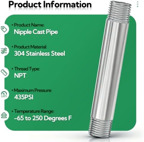 TAISHER 2Pcs 304 SS Nipple Cast Pipe Fitting 1/2" NPT Male, 6" Length