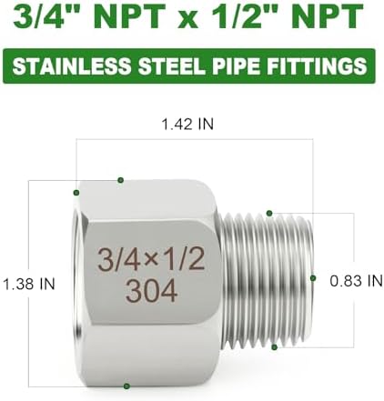 TAISHER 5PCS 304 Stainless Steel Pipe Fitting, New Reducer Adapter, 1/2" NPT Male x 3/4" NPT Female, Reducing Pipe Adapter Fitting
