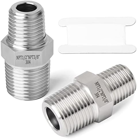 TAISHER 2PCS 304 Stainless Steel Hex Nipple, Reducer Pipe Fitting 1/2-Inch Male Pipe x 3/8-Inch Male Pipe