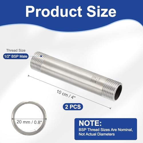 PATIKIL 304 Stainless Steel Pipe Fitting, 2 Pack 1/2" BSP Male x 1/2" BSP Male Threaded 3" Length Nipple Cast Pipe for Extending Piping, Silver