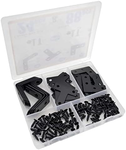 QSJ 24 Pack L Bracket Corner Brace Sets, 1.57x1.57 Inch Black Stainless Steel 90 Degree Right Angle Brackets Fastener L Braces with 88 Screws for Wood, Shelves, Furniture, Cabinet