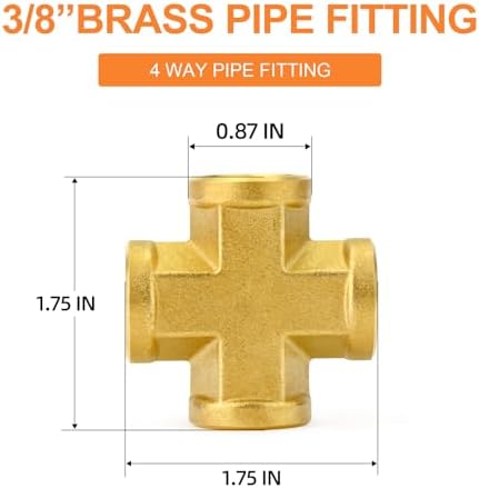 GASHER 5PCS Brass Pipe Fitting, Cross 4 Way Pipe Fitting, 3/8" x 3/8" x 3/8" x 3/8" NPT Female Pipe