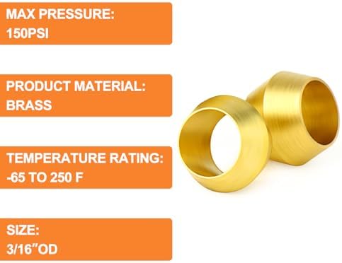 GASHER 100PCS Brass Compression Fitting, Brass Compression Sleeve Ferrules 3/16" Tube OD