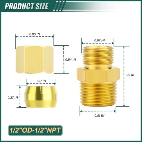5PCS Brass Compression Tube Fitting, 1/2" OD x 1/2" NPT Male