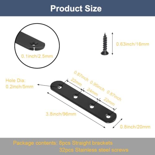 8 Pcs Black Flat Bracket 4 Inch Stainless Steel Straight Braces, Mending Plates Repair Fixing Brackets Heavy Duty Straight Repair Joining Plates with Screws