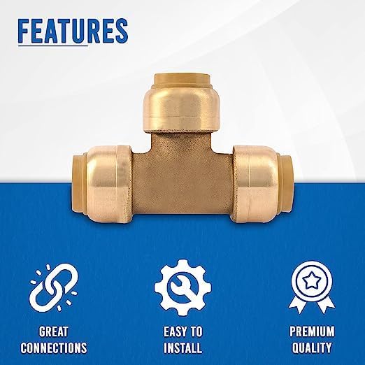 Push Fit Plumbing Tee - Push-to-Connect Plumbing Fittings - Straight/Elbow/Tee Plumbing Fitting with 31/2" Disconnect Clip - Push fit Fittings for Copper Copper, PEX, CPVC Pipe (1/2", 10)