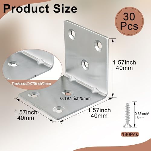 30 Pack Angle Brackets, 1.5" x 1.5" Silver Heavy Duty Stainless Steel Corner Brace, L Shaped Shelf Bracket 90 Degree Corner Bracket for Wood Furniture Cabinets Shelves