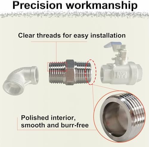 1/4" NPT Male Hex Nipple Pipe Fittings, 304 Stainless Steel 1/4 inch Threaded Pipe Adapter Fittings Equal Nipples Connectors, 4pcs Male Straight Connector Pipe Fitting