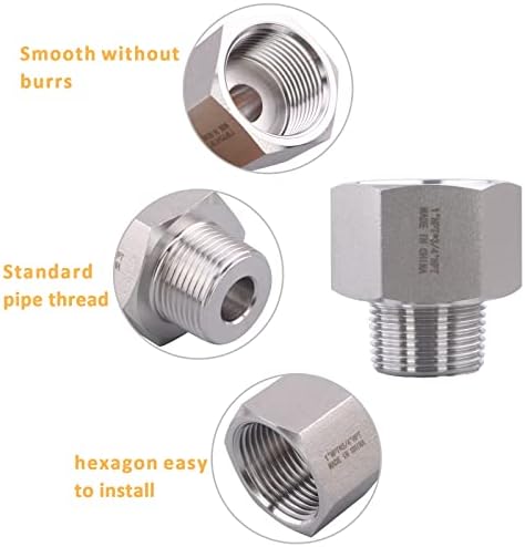 Forged Reducer Adapter Fitting - Stainless Steel 304 Reducing Pipe Connector, 1" NPT Female x 3/4" NPT Male (pack of 2)