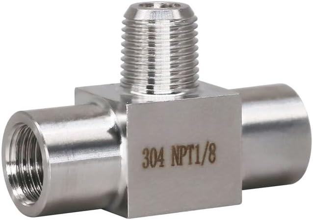 1/8 NPT tee pipe female × male × female thread 3 ways T pipe adapter, stainless steel forged tee connector, high pressure t shaped fitting for temp/oil pressure gauge, 4350 psi