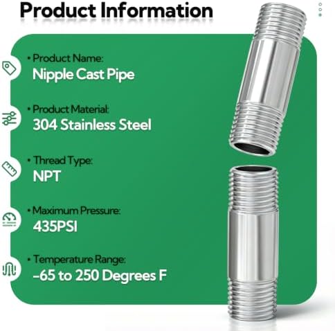 TAISHER 2Pcs 304 SS Nipple Cast Pipe Fitting 3/8" NPT Male, 2" Length