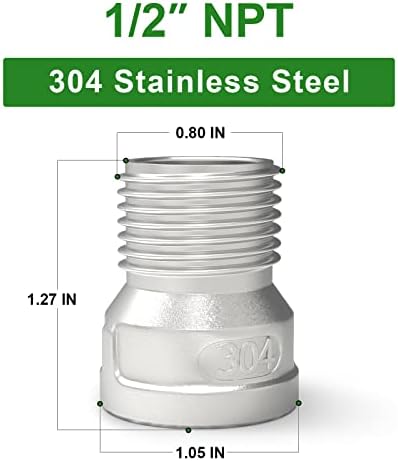 TAISHER 10PCS 304 Stainless Steel Pipe Fitting, Reducer Adapter, 1/2" Male NPTx 1/2" Female NPT