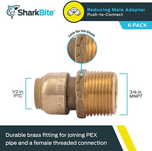 SharkBite 1/2 Inch x 3/4 Inch MNPT Reducing Adapter, Pack of 6, Push To Connect Brass Plumbing Fitting, PEX Pipe, Copper, CPVC, PE-RT, HDPE, U116LF