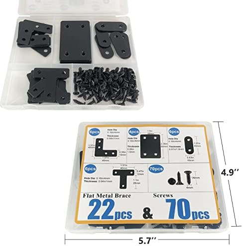 QSJ 22 Pack Straight Brace Stainless Steel Black Flat Brace Straight Corner Braces Straight Brackets Metal Flat Straight Mending Plates with Screws