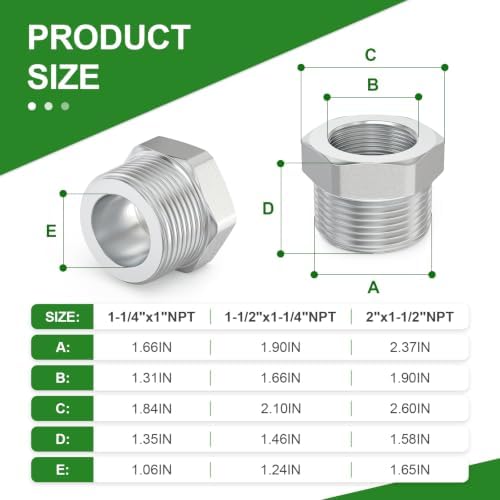 TAISHER 1PCS Forging of 304 Stainless Steel Hex Bushing, 1-1/2" Male NPT to 1-1/4" Female NPT, Reducing Cast Pipe Adapter Fitting
