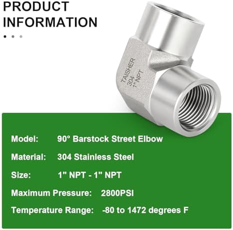 TAISHER 1PCS 304 Stainless Steel 90 Degree Barstock Street Elbow, 1" NPT Female to 1" NPT Female 304 Stainless Pipe Fitting
