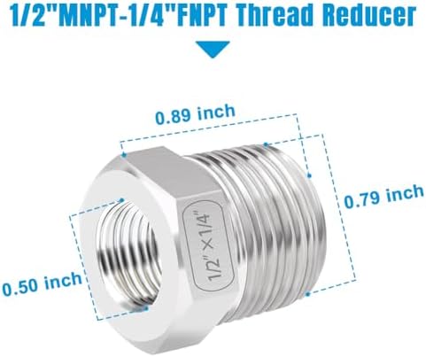 Quickun Stainless Steel Reducing Hex Bushing, 1/2" Male NPT to 1/4" Female NPT, Reducer Bushing Pipe Hose Fitting (Pack of 2)